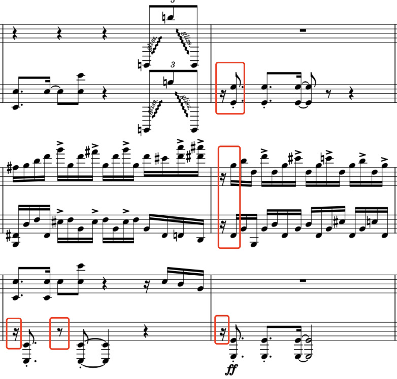 Full hybrid score excerpt showing rhythmic displacement markings